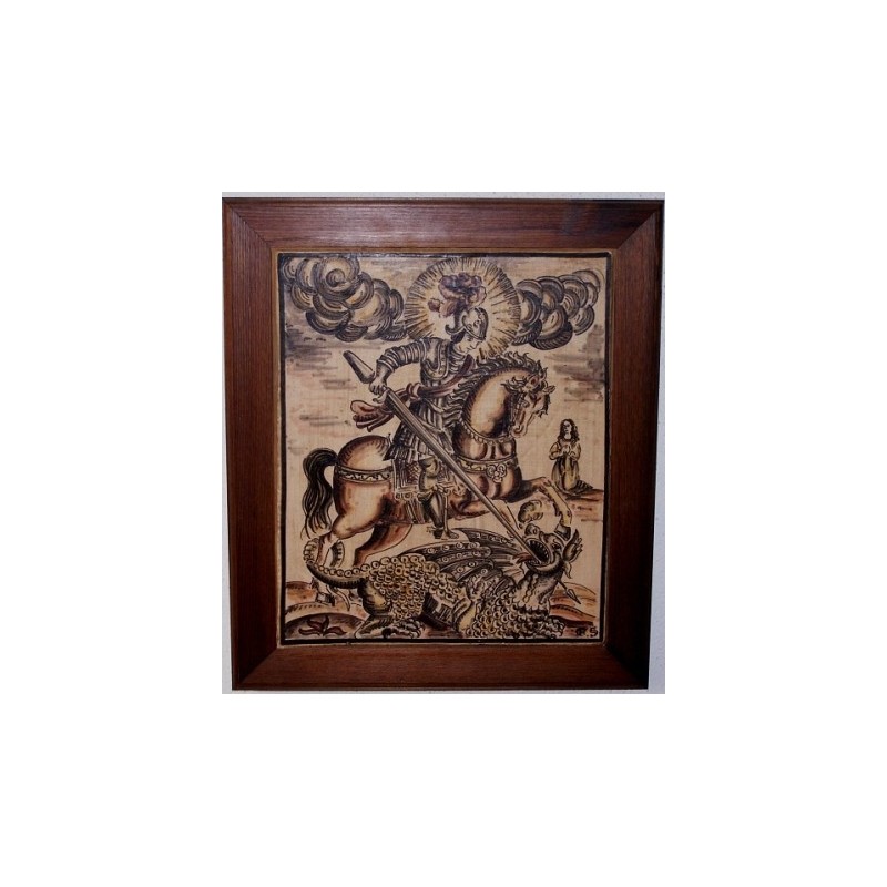 Socarrat verniciato con incisione di San Giorgio. 37.5 x 32 cm. incorniciato. 