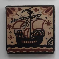 Ceramic tile decorated with a boat. medieval art. handmade. london
